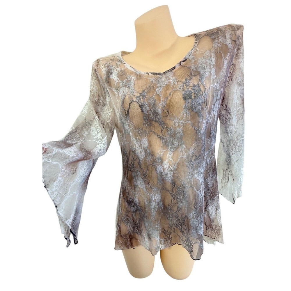Brittany Blake Fairycore Whimsigoth Sheer Lace Bell Sleeve Marble Print Top L